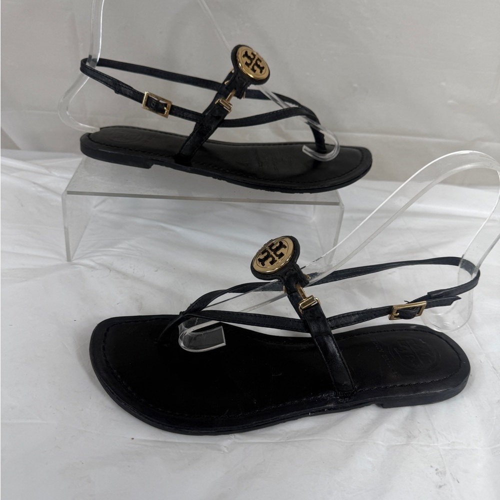 Tory Burch Black Leather Logo Embellished Flat Thong Slingback Sandals SZ 6.5 M - Picture 1 of 13